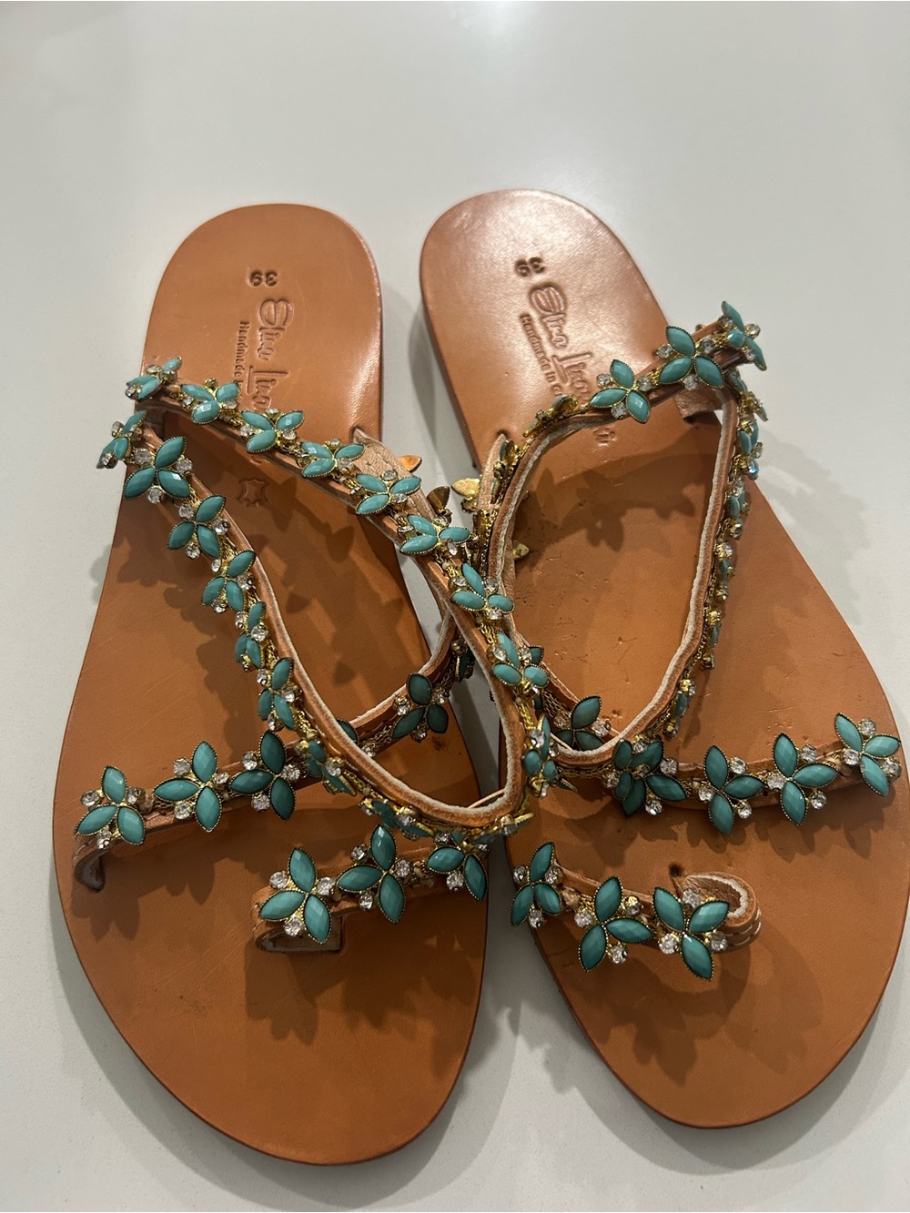 Turquoise Floral Embellished Leather Sandals - Women